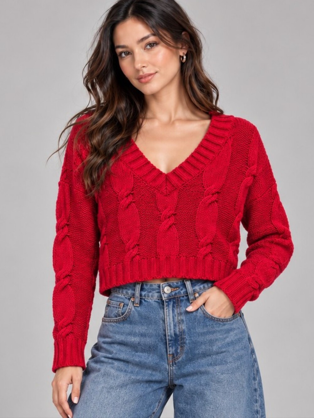 Streetwear Society Red Cable Knit Crop V-Neck Sweater